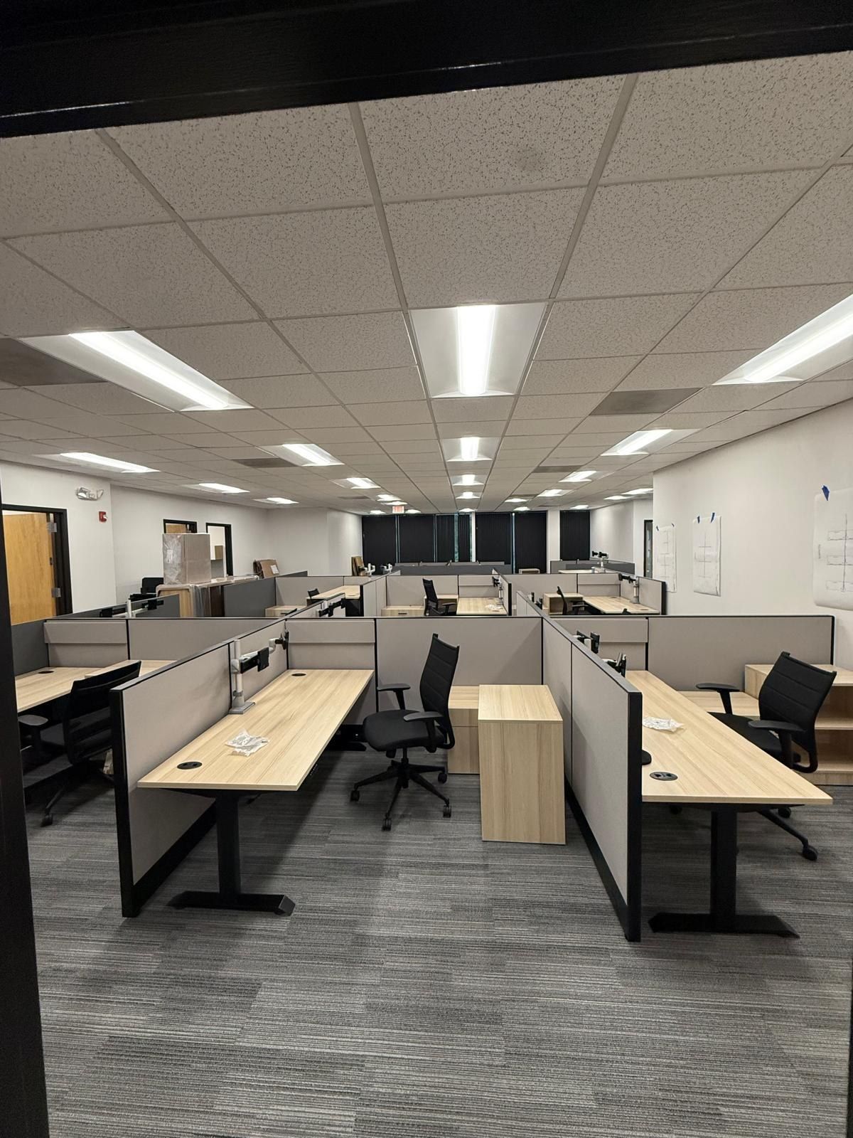 Open office with installed benching workstations